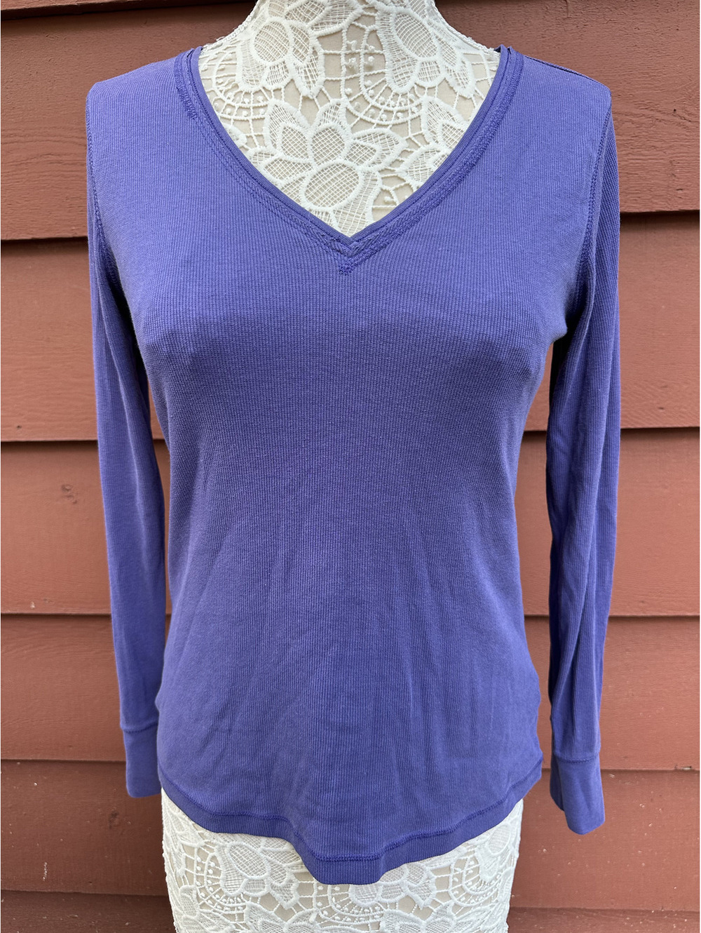 SO Purple Ribbed Long Sleeve V Neck Shirt Casual Lightweight Cozy Top